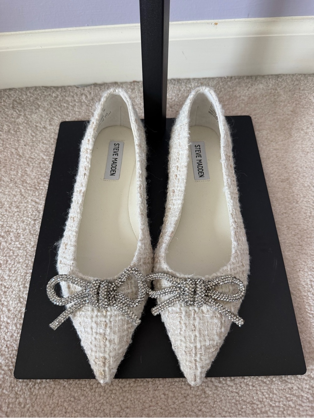 Steve Madden Ivory Tweed Pointed Flats with Crystal Bow